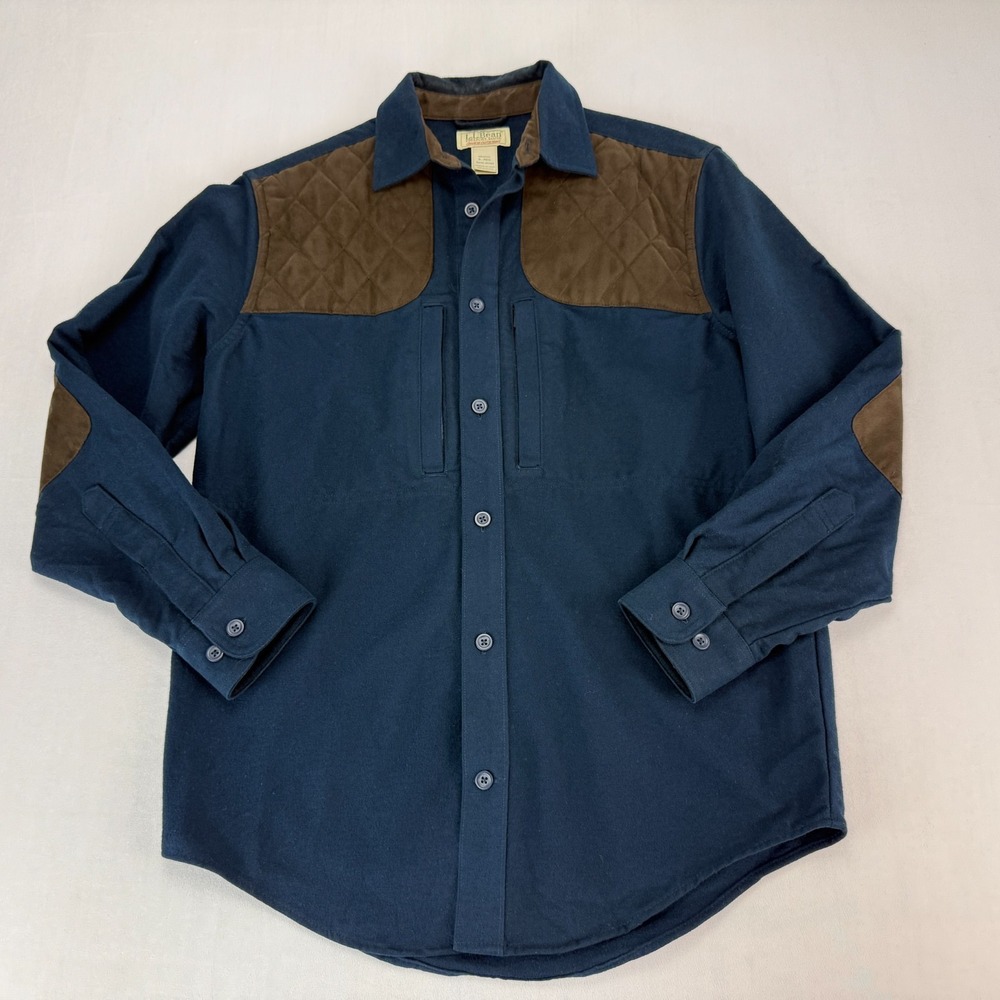 L.L. Bean Navy Blue Button-Down Shirt with Brown Quilted Yoke